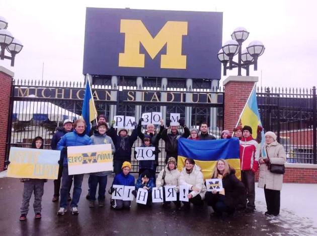 Irina, Irene and Barbara with group supporting Ukraine Thanksgiving Day outside UM Stadium